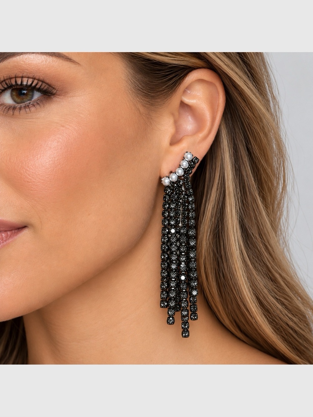 Open Edit Faux Pearl Crystal Fringe Drop Earrings Black NWT